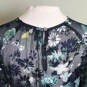 Loft Blue Floral Sheer Keyhole Long Bell Sleeves Women's